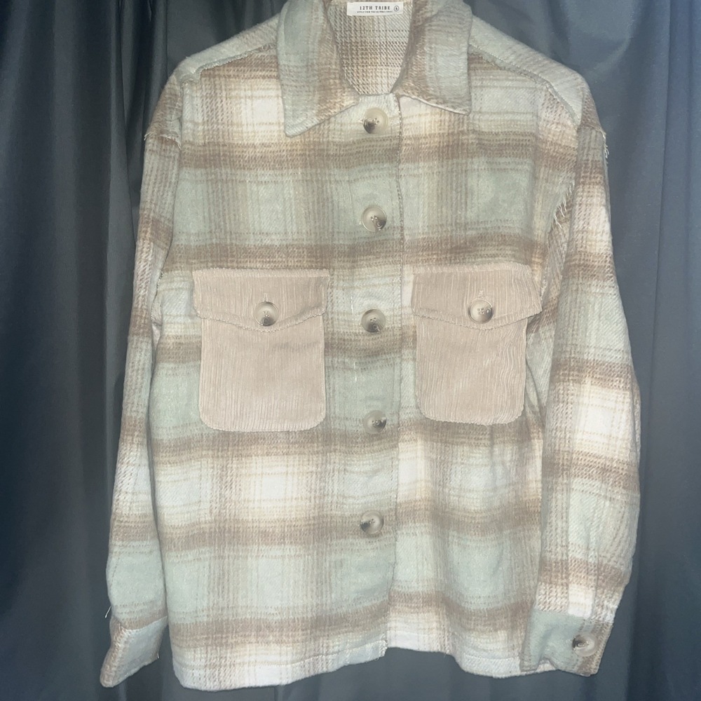 12th Tribe‎ Small Blue Brown Plaid So Soft Flannel Jacket Pockets Big Buttons